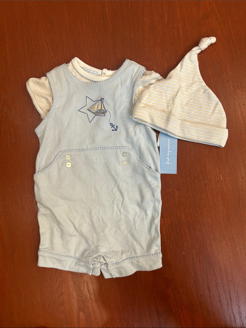 First Impressions Light Blue and Cream Sailboat Baby 3pc Matching Set
